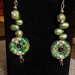 Hand Crafted Green Cloisonné and Pearl Floral Earrings